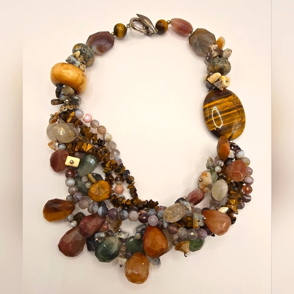 Stone Multi Strand Toggle Clasp Chunky Necklace - Picture 4 of 10